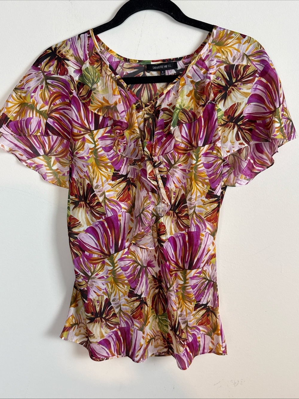 Lafayette 148 Silk Tropical Palm Print V Neck Flutter Short Sleeve Blouse SZ 0